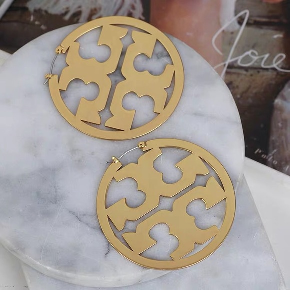 Tory Burch Miller Logo Gold Hoop Earrings - Picture 2 of 8
